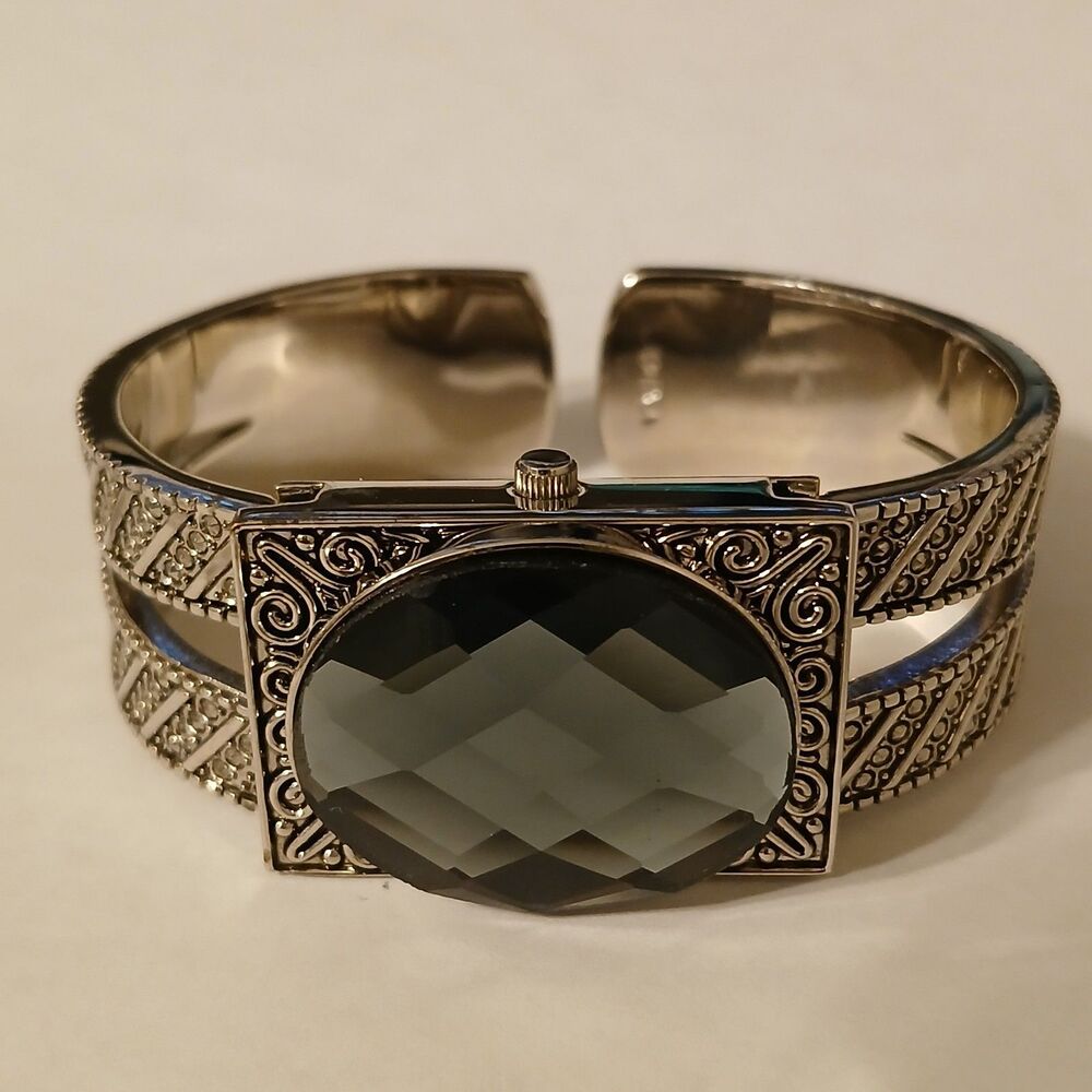 Vtg P.O.V. Hidden Dial Quartz Silver Watch Women Faux Gemstone Tone Dial Hinged